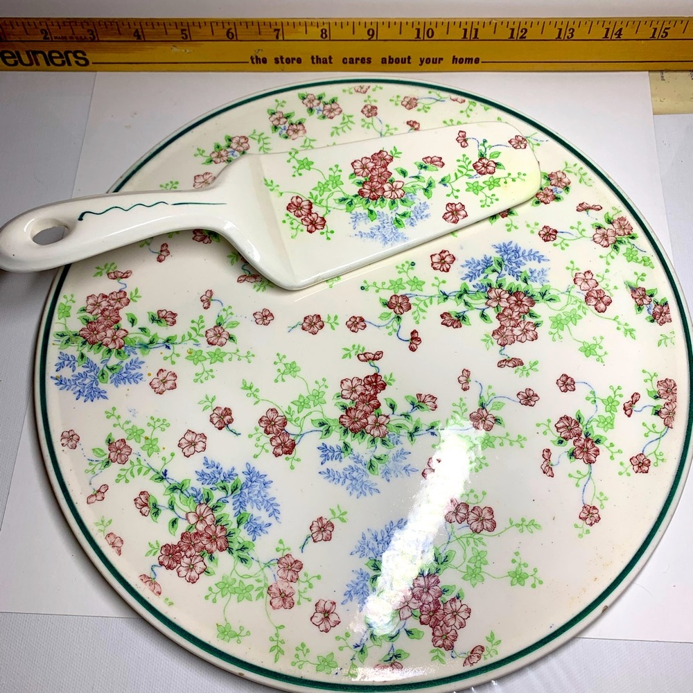 Vintage Cherry Blossom Cake Plate with Serving Knife